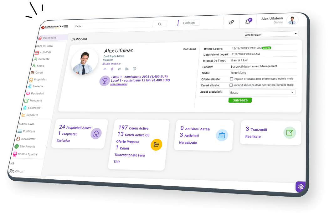 Dashboard SoftImobiliar CRM — proprietati, cereri active, tranzactii, activitati